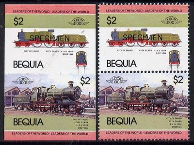 St Vincent - Bequia 1984 Locomotives #1 (Leaders of the World) $2 (City of Truro) unmounted mint se-tenant matched proof pairs in issued colours overprinted SPECIMEN, perf & imperf (2 prs)