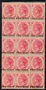 Mauritius 1891 QV 2c on 4c,block of 15 (3 x 5) with several overprint varieties incl Broken N & T unmounted mint SG 118var