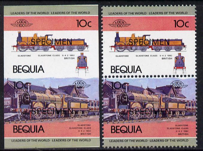 St Vincent - Bequia 1984 Locomotives #1 (Leaders of the World) 10c (Gladstone Class) unmounted mint se-tenant matched proof pairs in issued colours overprinted SPECIMEN, perf & imperf (2 prs)