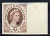 Rhodesia & Nyasaland 1954-56 QEII 4d red-brown imperf marginal single from Waterlow archives, tiny security puncture but thinned at top, nevertheless, an attractive proof, as SG 5