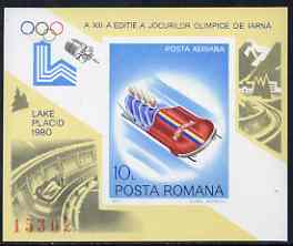 Rumania 1979 Lake Placid Winter Olympics 10L imperf m/sheet from limited printing showing bobsleigh unmounted mint Mi Bl 165