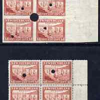 Newfoundland 1941-44 KG6 Leaving for the Banks 48c in perf & imperf matched proof blocks of 4 from Waterlow archives, each stamp with security punch hole, some wrinkling but very scarce as SG 289