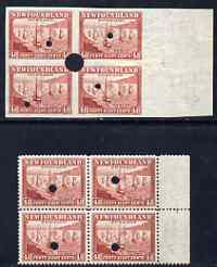 Newfoundland 1941-44 KG6 Leaving for the Banks 48c in perf & imperf matched proof blocks of 4 from Waterlow archives, each stamp with security punch hole, some wrinkling but very scarce as SG 289