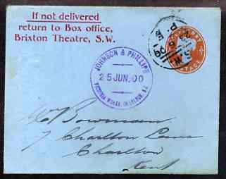 Great Britain 1900 QV 1/2d p/stat envelope to Kent endorsed 