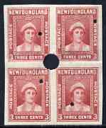 Newfoundland 1941-44 KG6 Queen Mother 3c red imperf marginal PROOF block of 4 each stamp with Waterlow security punch hole, some wrinkles but a scarce KG6 item, as SG 278