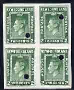 Newfoundland 1941-44 KG6 2c green imperf marginal PROOF block of 4 each stamp with Waterlow security punch hole, a scarce KG6 item, as SG 277