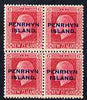 Cook Islands - Penrhyn 1917-20 KG5 6d carmine P14 x 13.5 block of 4, unmounted mint SG 26