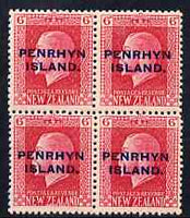Cook Islands - Penrhyn 1917-20 KG5 6d carmine P14 x 13.5 block of 4, unmounted mint SG 26