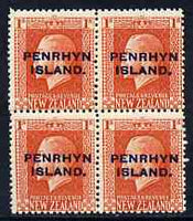 Cook Islands - Penrhyn 1917-20 KG5 1s vermilion P14 x 14.5 block of 4, unmounted mint SG 27a