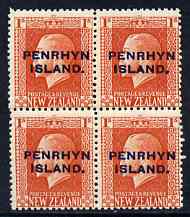 Cook Islands - Penrhyn 1917-20 KG5 1s vermilion P14 x 14.5 block of 4, unmounted mint SG 27a