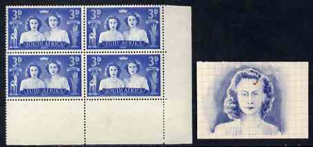 South Africa 1947 KG6 Royal Visit 3d mounted mint corner block of 4, one stamp with 'kiss curl' variety