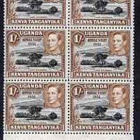 Kenya, Uganda & Tanganyika 1951 KG6 Royal Visit 1s unmounted mint imprint marg block of 6 , one stamp with flaw on value tablet