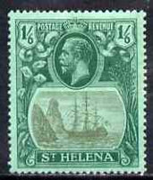 St Helena 1922-37 KG5 Badge Script 1s6d single with variety 'Top frameline broken above & to right of rock', (stamp 8) mtd mint but tiny thin SG 107var