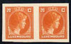 Luxembourg 1944 Grand Duchess Charlotte (SG type 70) IMPERF proof pair of 20c in orange-red on thick card (ex ABN Co archives - only one sheet known)