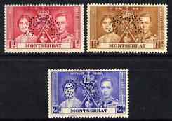 Montserrat 1937 KG6 Coronation set of 3 perf'd SPECIMEN for UPU distribution with additional SPECIMEN handstamp in red applied lightly over the edge of the stamps by receiving authority (possibly Bechuanaland) without gum but probably unique