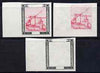 Sudan 1956 set of 3 essays comprising frame in black, vignette (water irrigation) in carmine plus composite, all imperf on wove paper