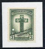 Ecuador 1946 30th Death Anniv of Blessed Mariana 3s Cross & Lilies colour trial proof in green affixed to small piece opt'd 'Waterlow & Sons Ltd, Specimen' with small security puncture as SG 801