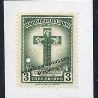 Ecuador 1946 30th Death Anniv of Blessed Mariana 3s Cross & Lilies colour trial proof in green affixed to small piece opt'd 'Waterlow & Sons Ltd, Specimen' with small security puncture as SG 801