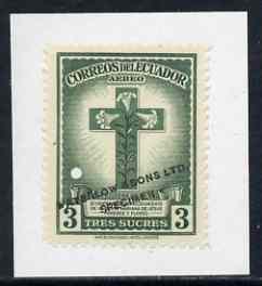 Ecuador 1946 30th Death Anniv of Blessed Mariana 3s Cross & Lilies colour trial proof in green affixed to small piece opt'd 'Waterlow & Sons Ltd, Specimen' with small security puncture as SG 801