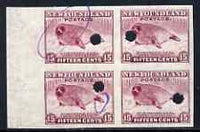 Newfoundland 1941-44 KG6 Harp Seal 15c claret imperf marginal Proof block of 4 each stamp with Waterlow security puncture, two stamps with varieties high-lighted by checker for correcting, some wrinkles but a scarce KG6 item (as SG 285)