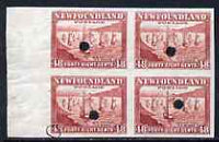 Newfoundland 1941-44 KG6 Leaving for the Banks 48c imperf marginal Proof block of 4 each stamp with Waterlow security puncture, one with variety high-lighted by checker for correcting, some wrinkles but a scarce KG6 item (as SG 289)