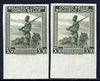 Belgian Congo 1942 Askari Sentry 3f50 olive two imperf marginal singles with bi-lingual inscription reversed, mounted mint