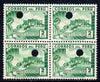 Peru 1938 Pictorial 2c (Children's Holiday Camp) perforated proof,block of 4 in near issued colour, eash stamp with Waterlow's security puncture