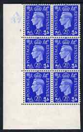 Great Britain 1937-47 KG6 2.5d ultramarine corner block of 6 with cyl 2 no dot (A37 with scratch on temple variety) 2 stamps mounted cat £30
