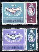 St Kitts-Nevis 1965 Int Co-operation Year 2c & 25c unmounted mint singles each with Broken Leaves variety