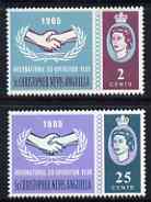 St Kitts-Nevis 1965 Int Co-operation Year 2c & 25c unmounted mint singles each with Broken Leaves variety