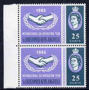 St Kitts-Nevis 1965 Int Co-operation Year 25c unmounted mint pair, one stamp with 'Broken Y in Year' variety