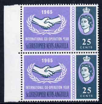 St Kitts-Nevis 1965 Int Co-operation Year 25c unmounted mint pair, one stamp with 'Broken Y in Year' variety