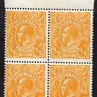 Australia 1918-23 KG5 1/2d orange fine mint marginal block of 4 (stamps unmounted) SG56