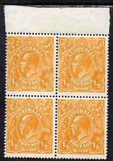 Australia 1918-23 KG5 1/2d orange fine mint marginal block of 4 (stamps unmounted) SG56