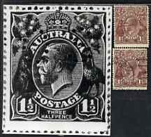Australia 1918-23 KG5 1.5d black-brown two used singles showing early and worn states of pre-substituted cliche (position 16 right pane electra X) plus photograph