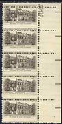 United States 1956 Home of James Buchanan 3c unmounted mint marginal strip of 5 with horiz perfs shifted downwards 4mm, SG 1083