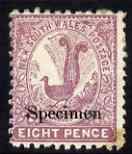 New South Wales 1888-89 Lyrebird 8d perf 11x12 overprinted SPECIMEN in black some original gum, SG 257s