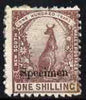 New South Wales 1888-89 Kangaroo 1s perf 11x12 overprinted SPECIMEN in black without gum & tiny thin from hinge removal, SG 258s