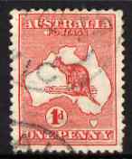 Australia 1913-14 Roo 1d red good used with large white flaw to left of Postage, SG 2var