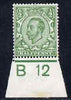 Great Britain 1911-12 KG5 Downey Head 1/2d pale green shade mtd mint marginal with B12 control, tone spot on one perf, SG N5(2)