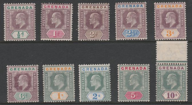 Grenada 1902-06 KE7 set of 10 (1/2d to 10s) with mixed watermarks (0.5d, 2d & 2.5d are CA, remainder MCA) fine mounted mint, the 10s being unmounted, SG57-76 cat £350 as singles