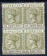 Gibraltar 1889-96 Spanish Currency 20c olive-green & brown block of 4 unmounted mint SG 24 cat £108 as mounted singles