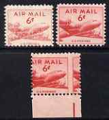 United States 1949 Douglas DC-4 with superb misplacement of vert perfs, plus,single with dry print plus normal, all lightly mounted as SG A944