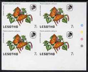 Lesotho 1984 Butterflies African Leopard 7s imperf with background colour omitted, unmounted mint colour dot block of 4