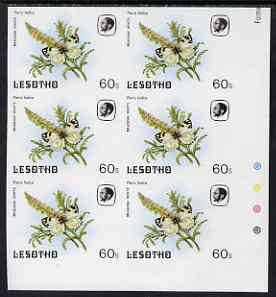 Lesotho 1984 Butterflies Meadow White 60s imperf proof with background colour omitted, unmounted mint colour-dot block of 6