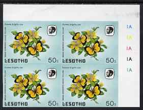 Lesotho 1984 Butterflies Broad-Bordered Grass Yellow 50s imperforate, unmounted mint plate block of 4, some marks in top margin