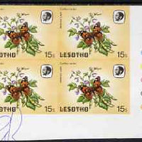 Lesotho 1984 Butterflies Painted Lady 15s imperforate, unmounted mint colour-dot block of 4, some ink notations in margin and one stamp, probably a printer's note