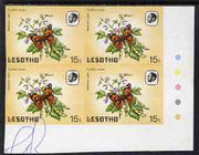Lesotho 1984 Butterflies Painted Lady 15s imperforate, unmounted mint colour-dot block of 4, some ink notations in margin and one stamp, probably a printer's note