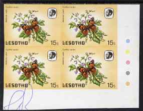 Lesotho 1984 Butterflies Painted Lady 15s imperforate, unmounted mint colour-dot block of 4, some ink notations in margin and one stamp, probably a printer's note