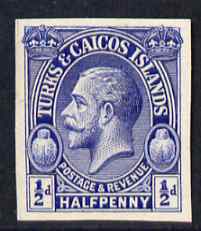 Turks & Caicos Islands 1928 KG5 Postage & Revenue 1/2d in blue imperf plate proof on thin card, as SG 176